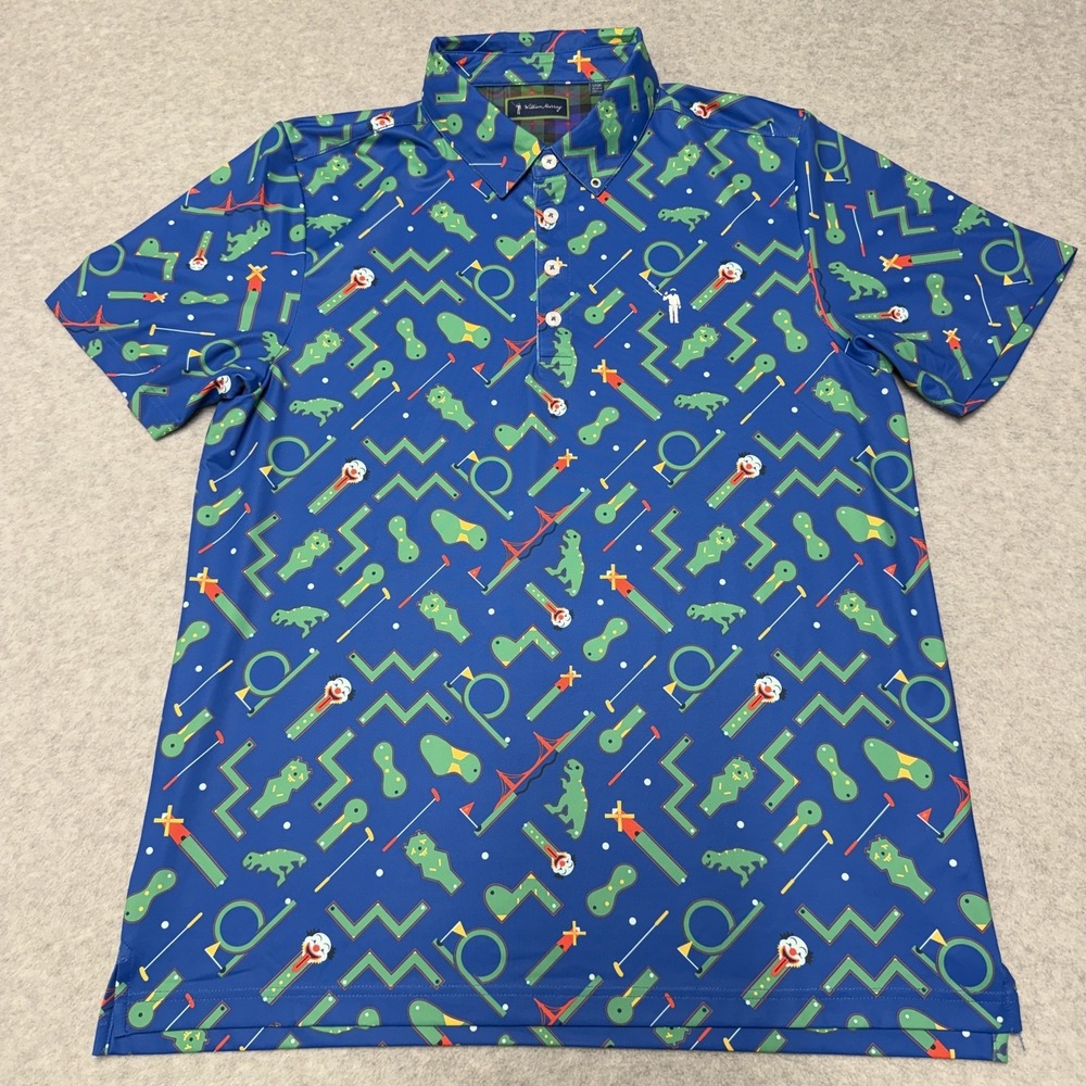 William Murray Mini Golf Print Polo Shirt Mens L Blue Polyester Spandex Stretch